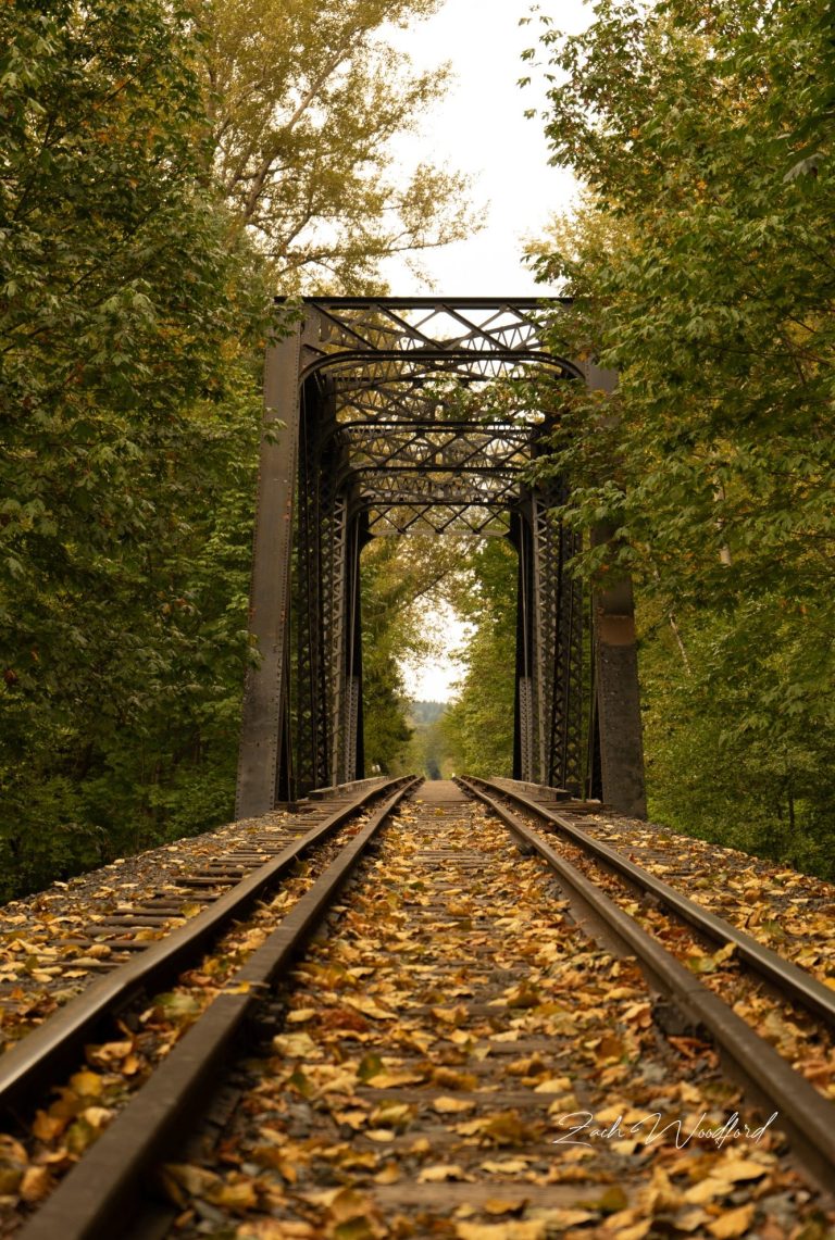 A color image of an active railroad bridge in Snoqualmie